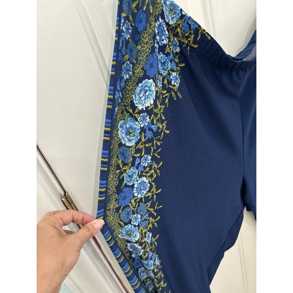 Susan Graver Pants Womens 3X Navy Blue Floral Side Stripe Pull On Plus Stretch - Picture 3 of 6